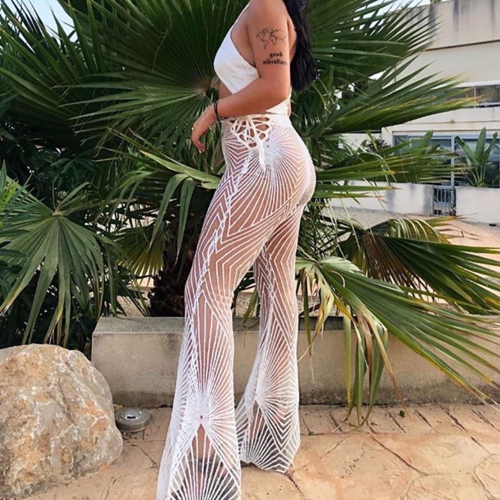 ELSIE & FRED ‘Walking in Memphis’ white glitter mesh flares, tie up waist